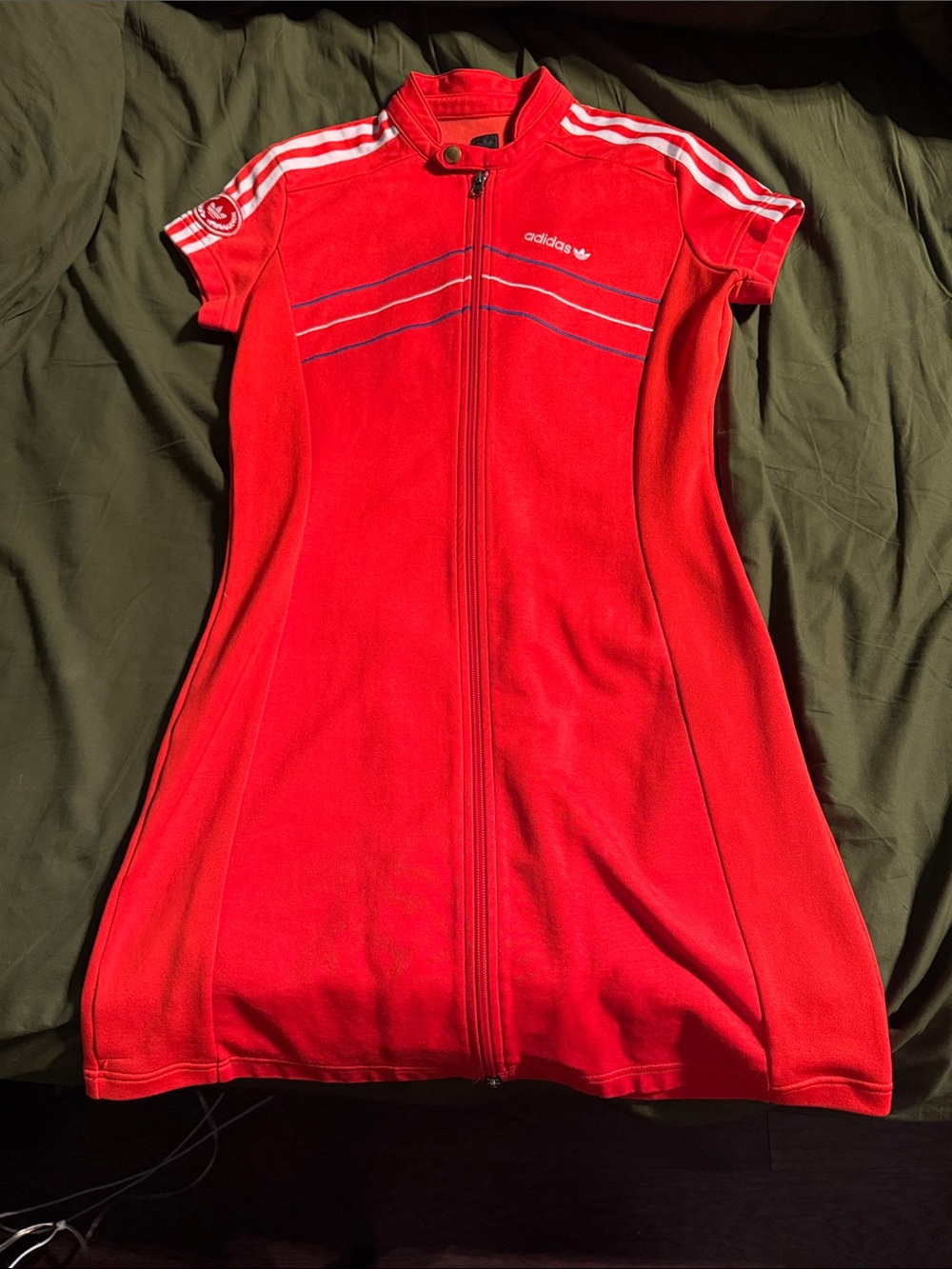 adidas Red Zip-Front Short-Sleeve Mini Dress with White Stripes